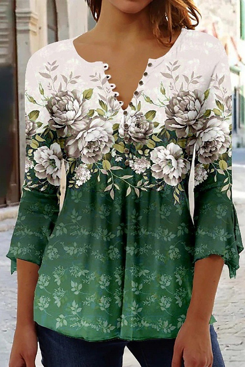 WOMEN HENLEY NECK PRINTING 3/4 SLEEVE T SHIRT