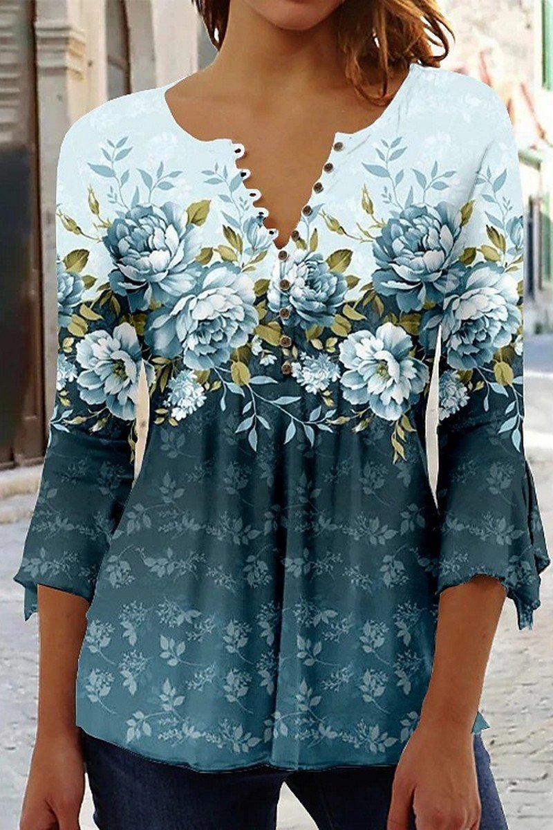 WOMEN HENLEY NECK PRINTING 3/4 SLEEVE T SHIRT