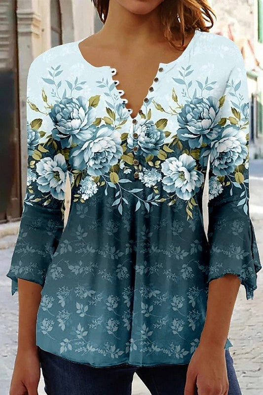 WOMEN HENLEY NECK PRINTING 3/4 SLEEVE T SHIRT