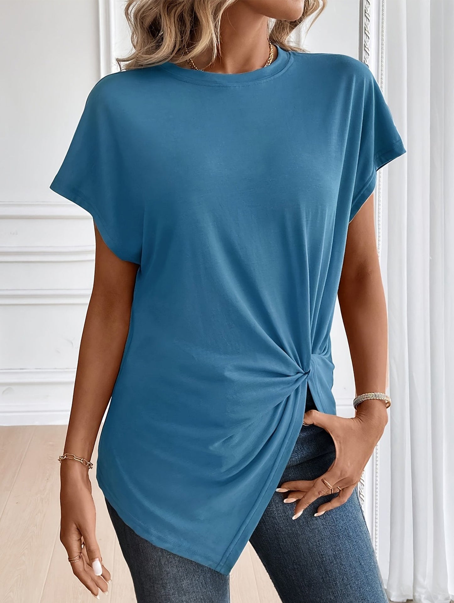 Crew Neck Twist-Front Detail Solid T-Shirt