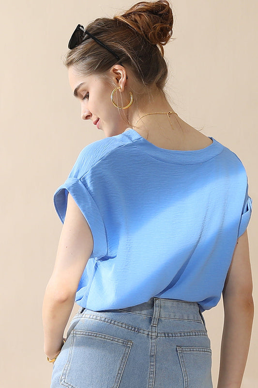 WOMENS V NECK TRIM ROLLED SHORT SLEEVE BLOUSE TOP