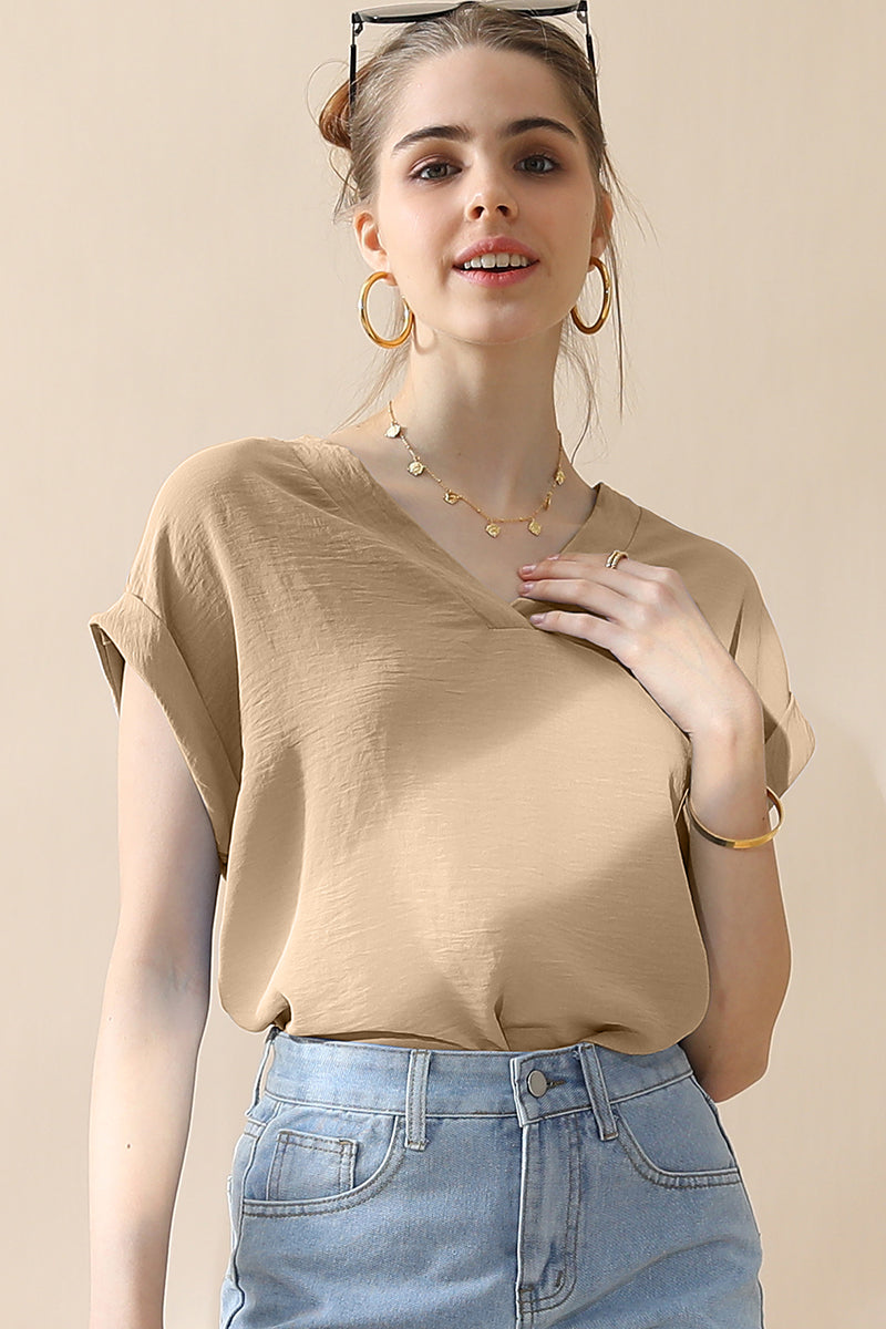 WOMENS V NECK TRIM ROLLED SHORT SLEEVE BLOUSE TOP