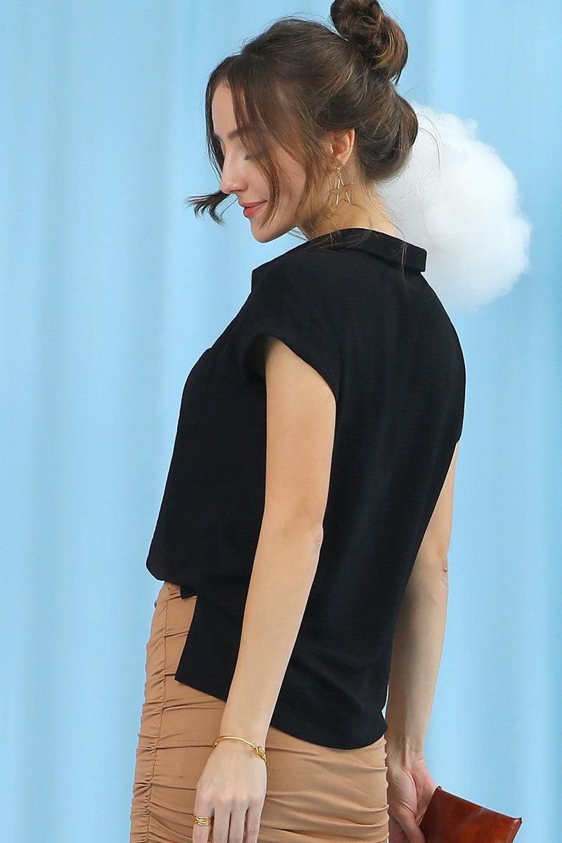 SINGLE BREASTED ROLLED SHORT SLEEVE BLOUSE SHIRT - Doublju