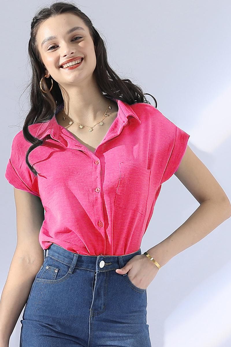 SINGLE BREASTED ROLLED SHORT SLEEVE BLOUSE SHIRT - Doublju
