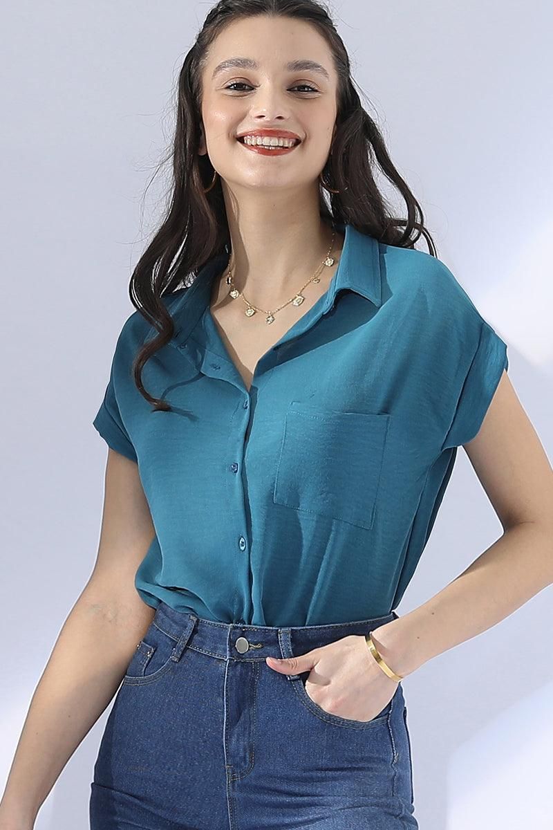 SINGLE BREASTED ROLLED SHORT SLEEVE BLOUSE SHIRT - Doublju