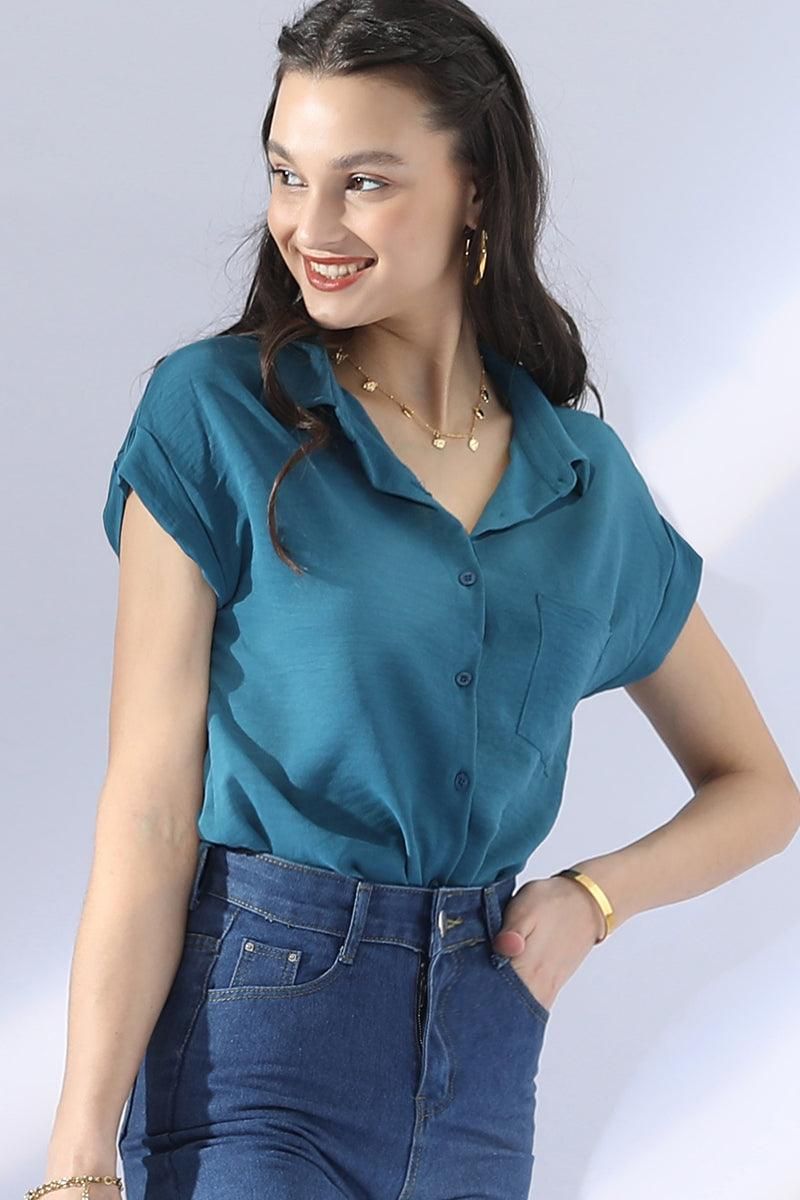 SINGLE BREASTED ROLLED SHORT SLEEVE BLOUSE SHIRT - Doublju