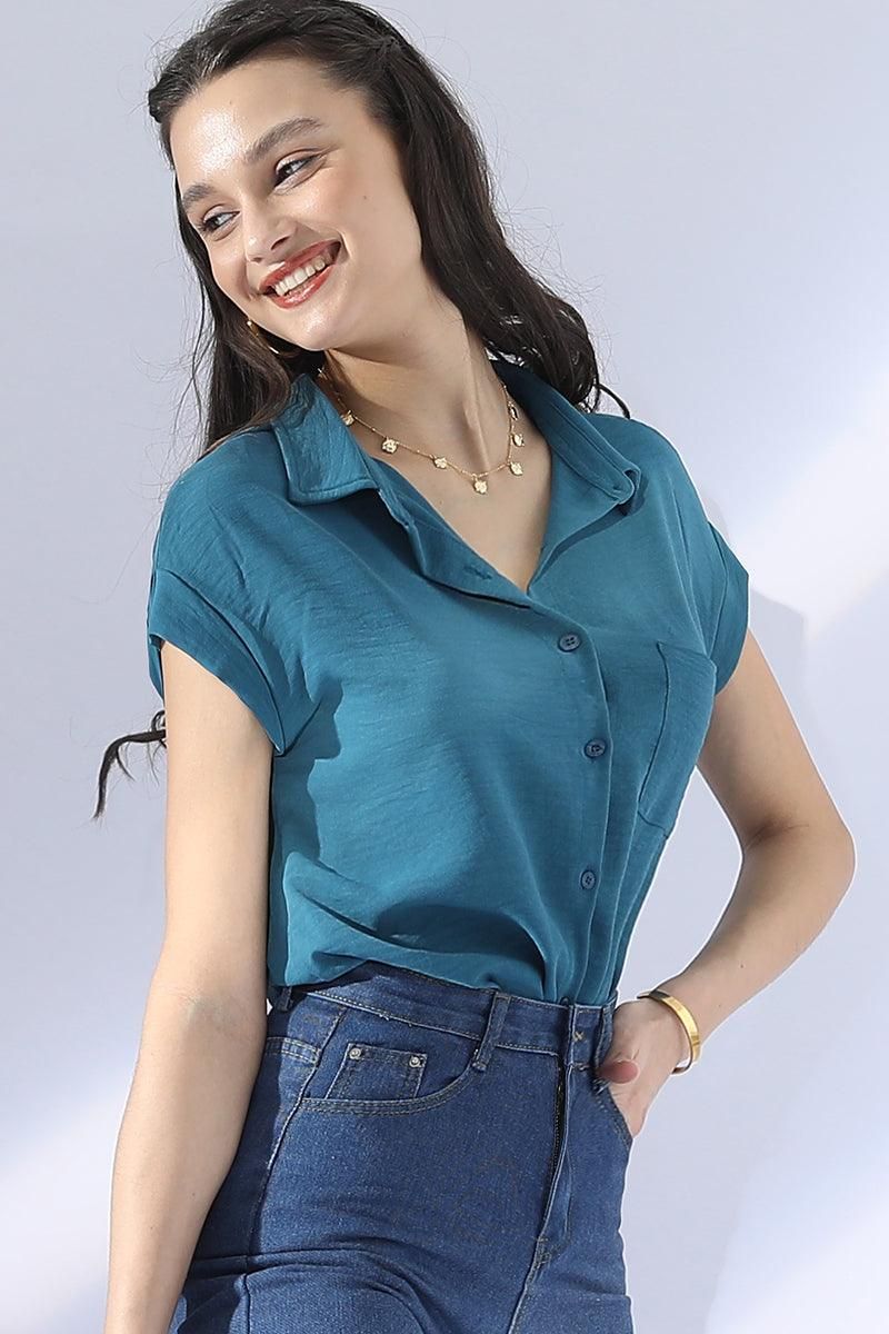 SINGLE BREASTED ROLLED SHORT SLEEVE BLOUSE SHIRT - Doublju