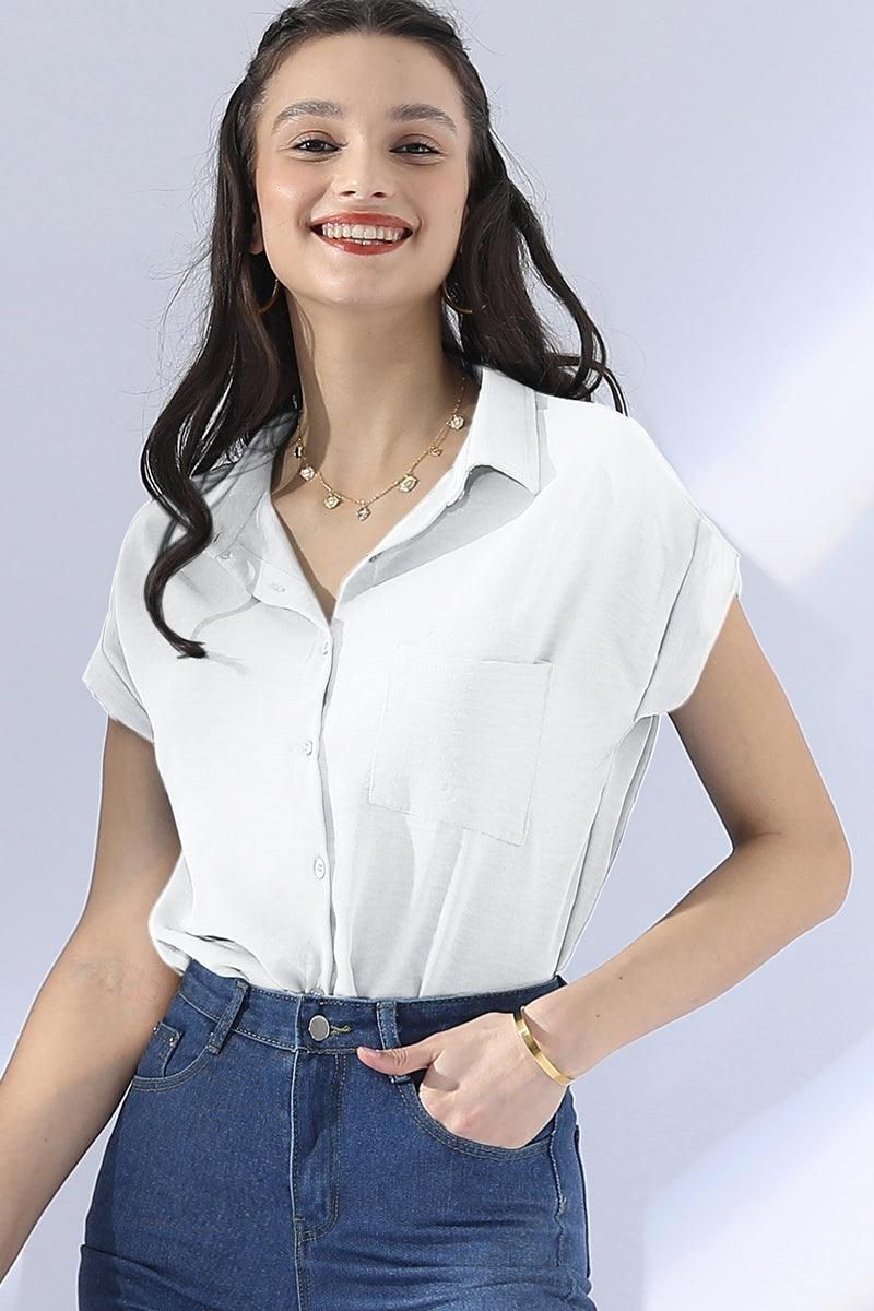 SINGLE BREASTED ROLLED SHORT SLEEVE BLOUSE SHIRT - Doublju