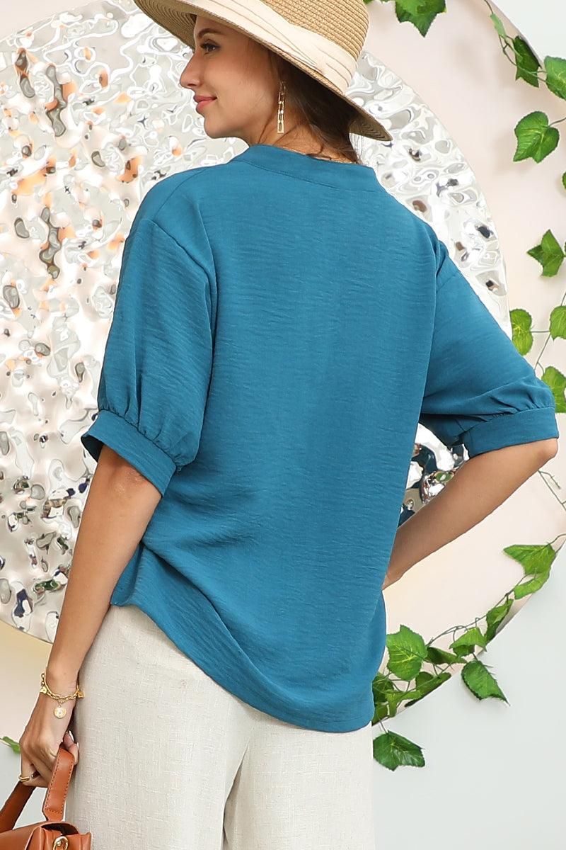 JOHNNY COLLARS SHIRRED SHORT SLEEVE BLOUSE TOP - Doublju