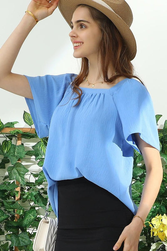 SQURE NECK RUFFLE NECK SHORT SLEEVE BLOUSE TOP - Doublju