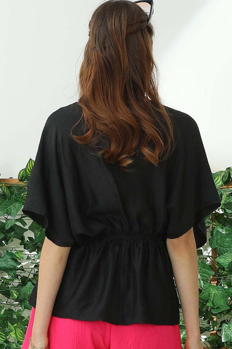 V NECK BATWING SLEEVE SLIK BLOUSE TOP - Doublju