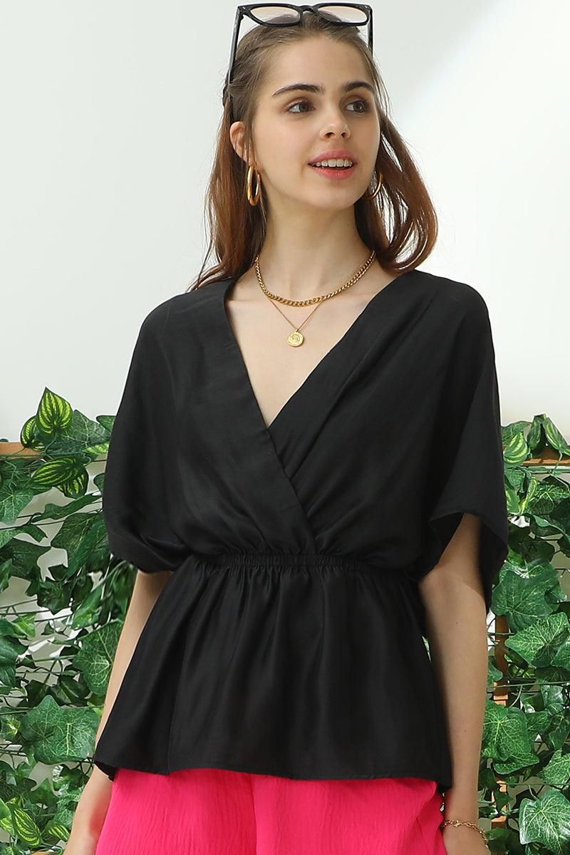 V NECK BATWING SLEEVE SLIK BLOUSE TOP - Doublju