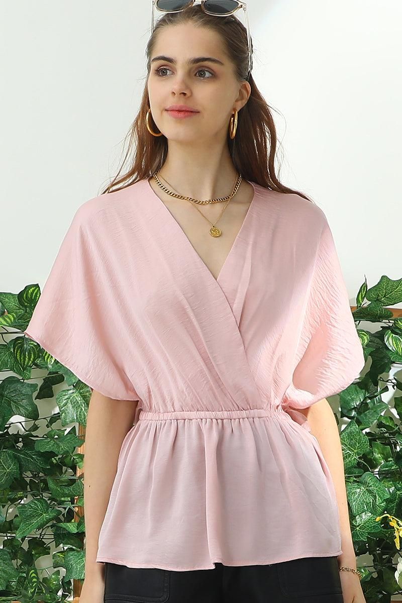 V NECK BATWING SLEEVE SLIK BLOUSE TOP - Doublju