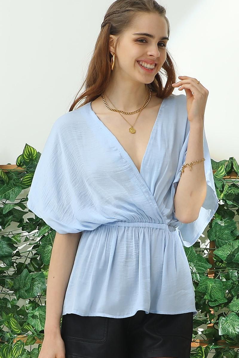 V NECK BATWING SLEEVE SLIK BLOUSE TOP - Doublju