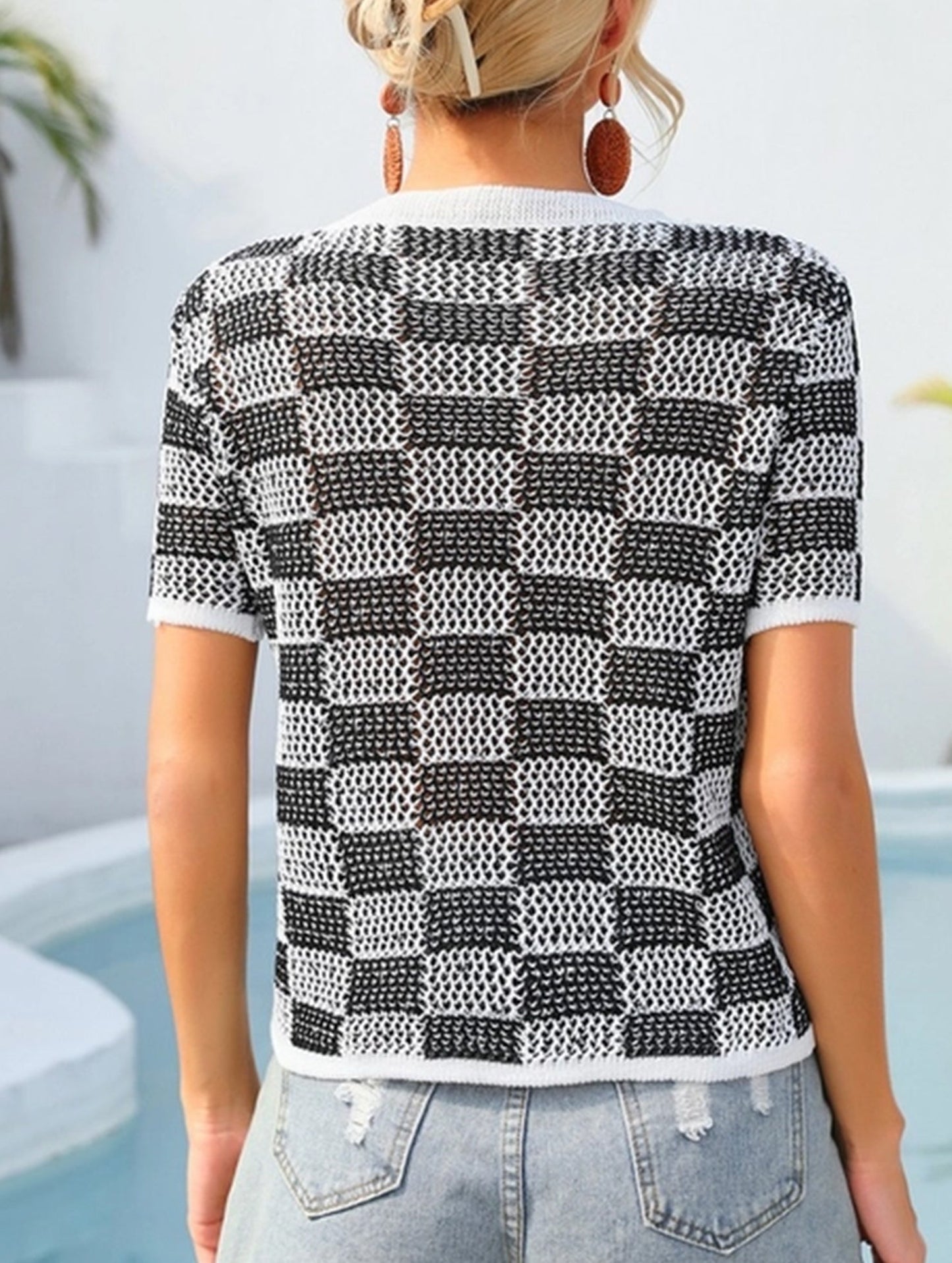 CASUAL PLAID CREW NECK KNIT SHORT SLEEVED SHIRT_CWTBLS0424