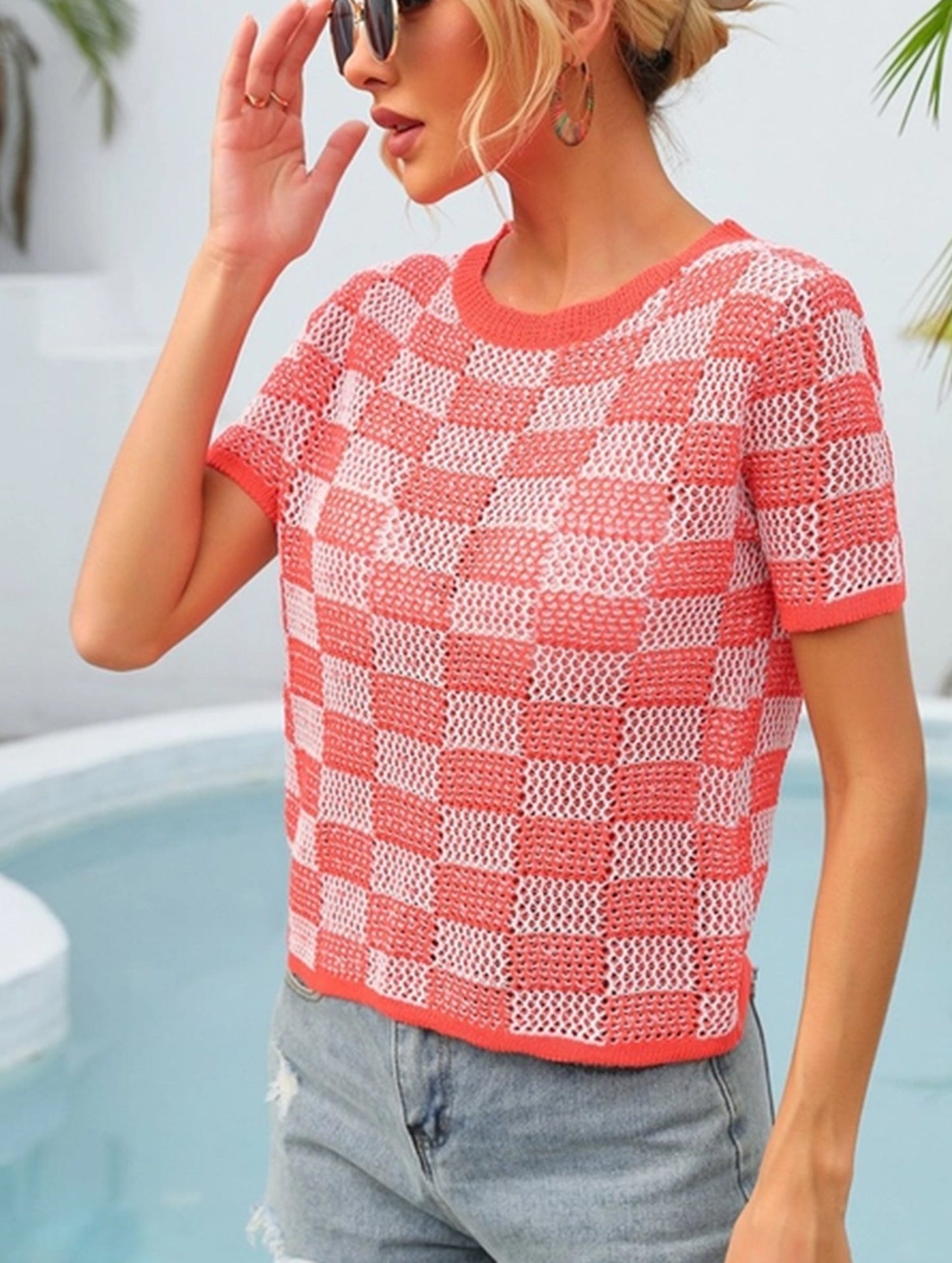 CASUAL PLAID CREW NECK KNIT SHORT SLEEVED SHIRT_CWTBLS0424