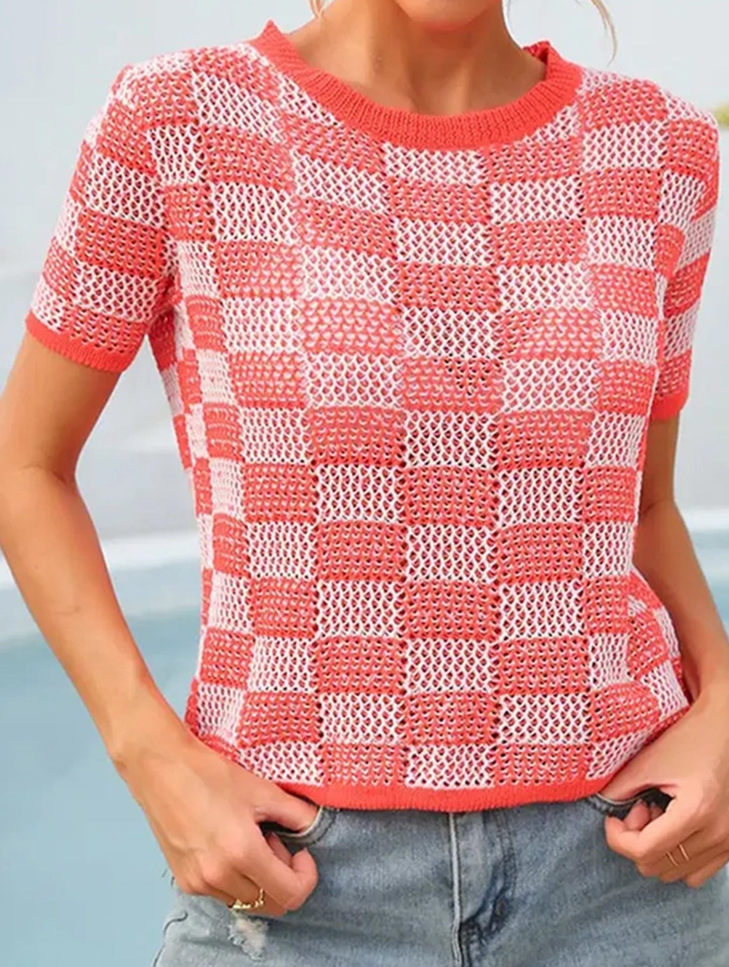 CASUAL PLAID CREW NECK KNIT SHORT SLEEVED SHIRT_CWTBLS0424