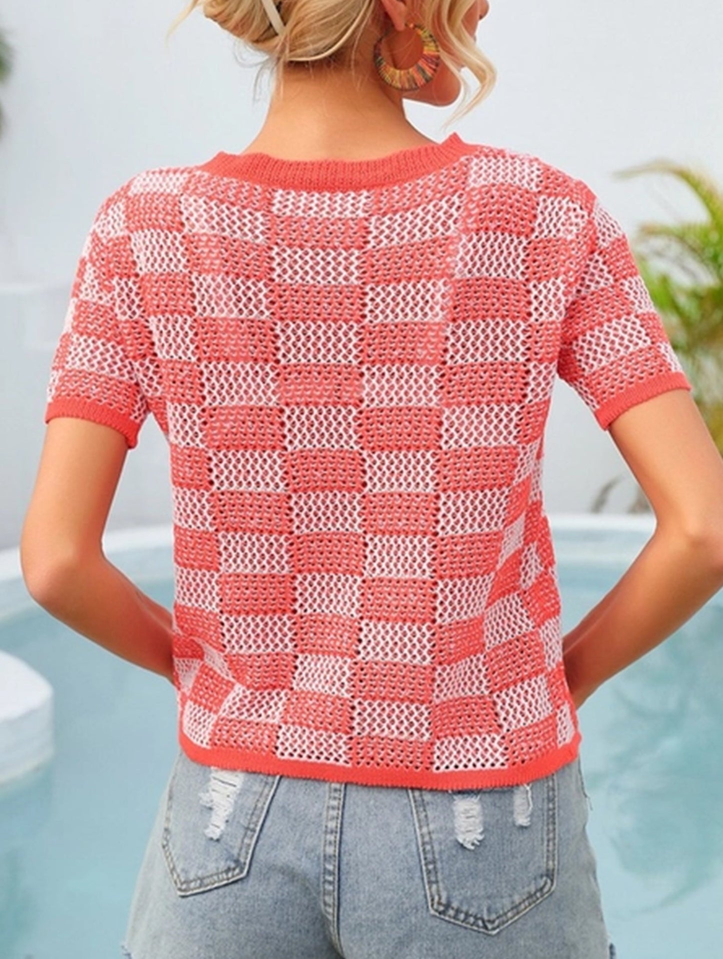 CASUAL PLAID CREW NECK KNIT SHORT SLEEVED SHIRT_CWTBLS0424