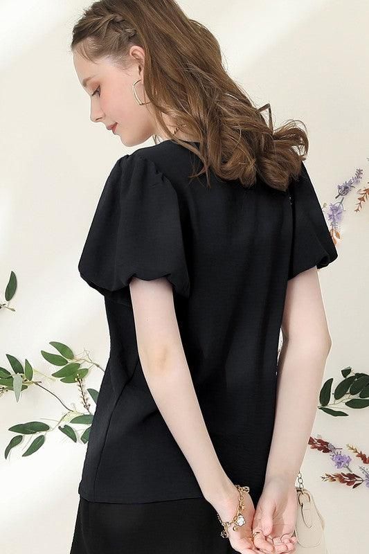 V NECK PUFF SHORT SLEEVE BLOUS FORMAL TUNIC TOP - Doublju