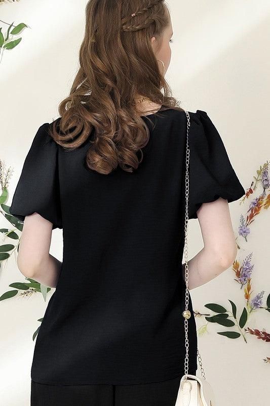 V NECK PUFF SHORT SLEEVE BLOUS FORMAL TUNIC TOP - Doublju