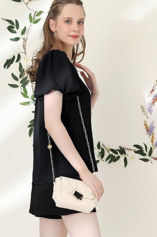 V NECK PUFF SHORT SLEEVE BLOUS FORMAL TUNIC TOP - Doublju