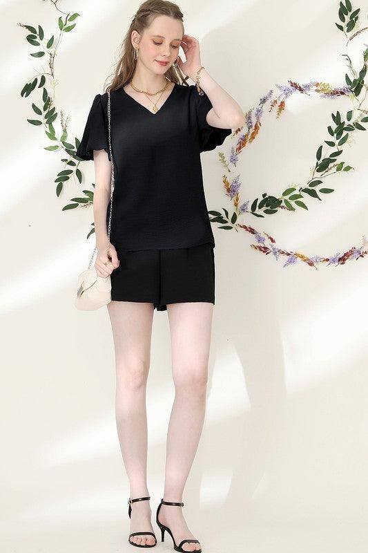 V NECK PUFF SHORT SLEEVE BLOUS FORMAL TUNIC TOP - Doublju