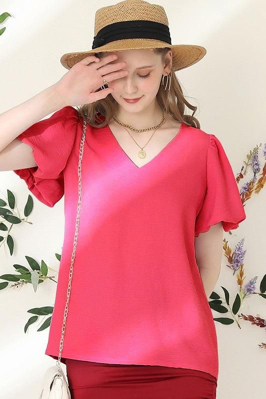 V NECK PUFF SHORT SLEEVE BLOUS FORMAL TUNIC TOP - Doublju