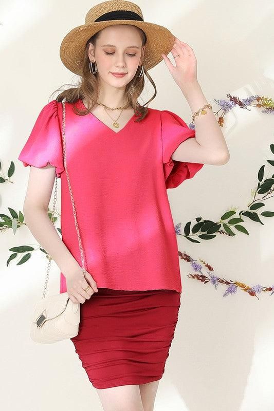 V NECK PUFF SHORT SLEEVE BLOUS FORMAL TUNIC TOP - Doublju