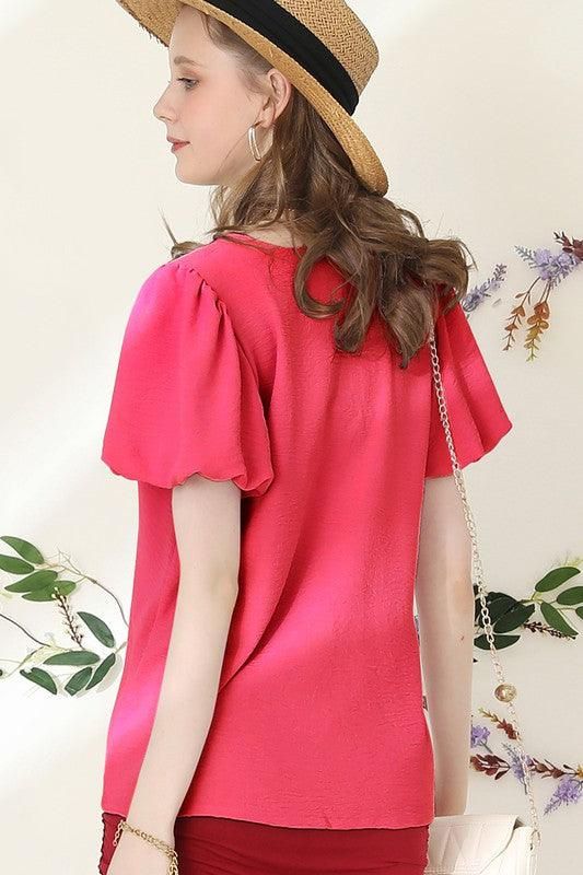 V NECK PUFF SHORT SLEEVE BLOUS FORMAL TUNIC TOP - Doublju