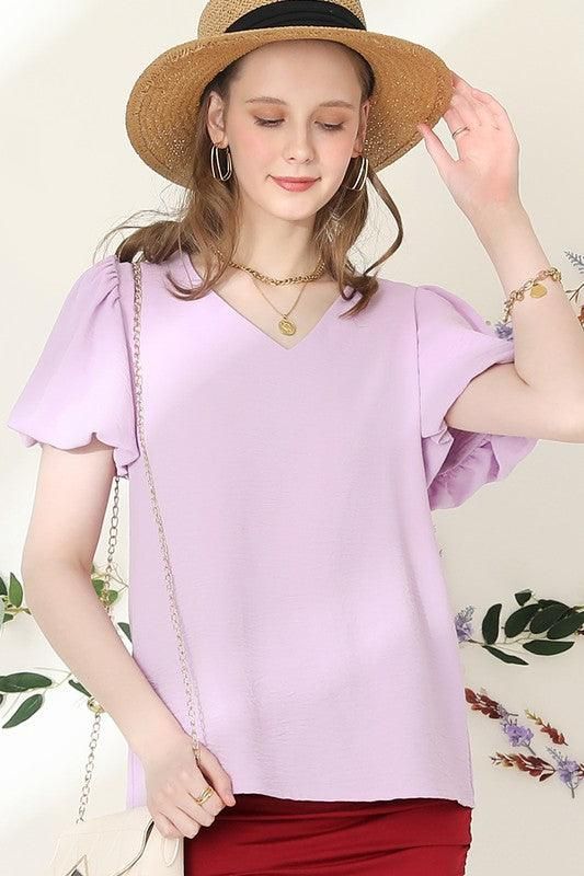 V NECK PUFF SHORT SLEEVE BLOUS FORMAL TUNIC TOP - Doublju