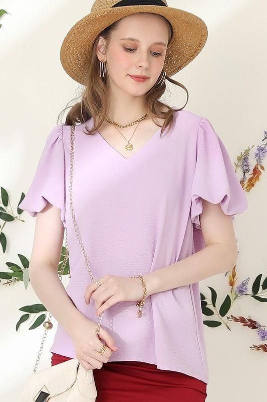 V NECK PUFF SHORT SLEEVE BLOUS FORMAL TUNIC TOP - Doublju