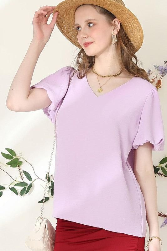 V NECK PUFF SHORT SLEEVE BLOUS FORMAL TUNIC TOP - Doublju