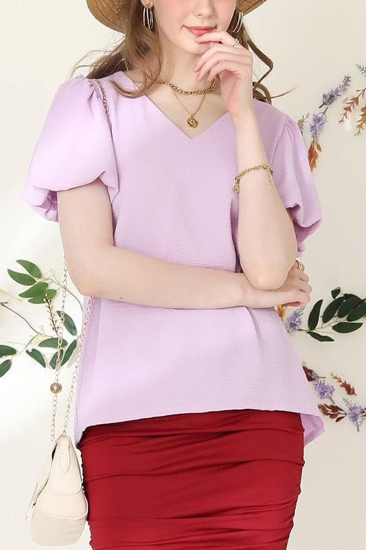 V NECK PUFF SHORT SLEEVE BLOUS FORMAL TUNIC TOP - Doublju