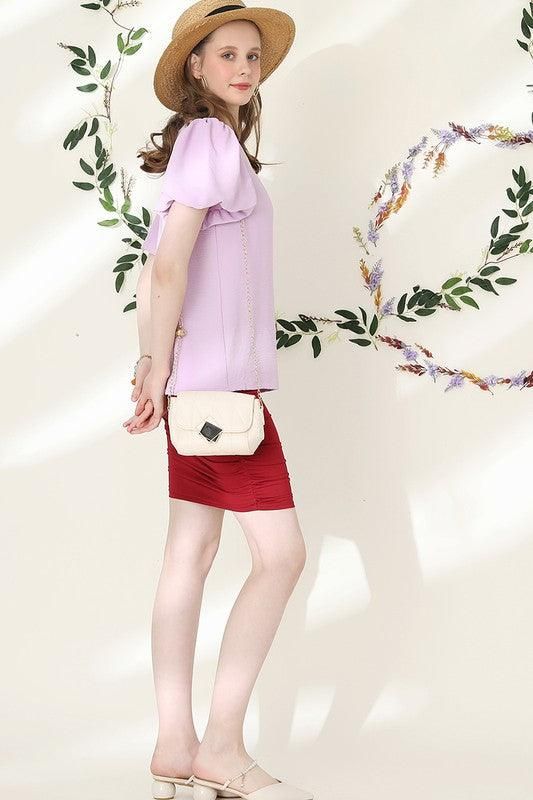 V NECK PUFF SHORT SLEEVE BLOUS FORMAL TUNIC TOP - Doublju