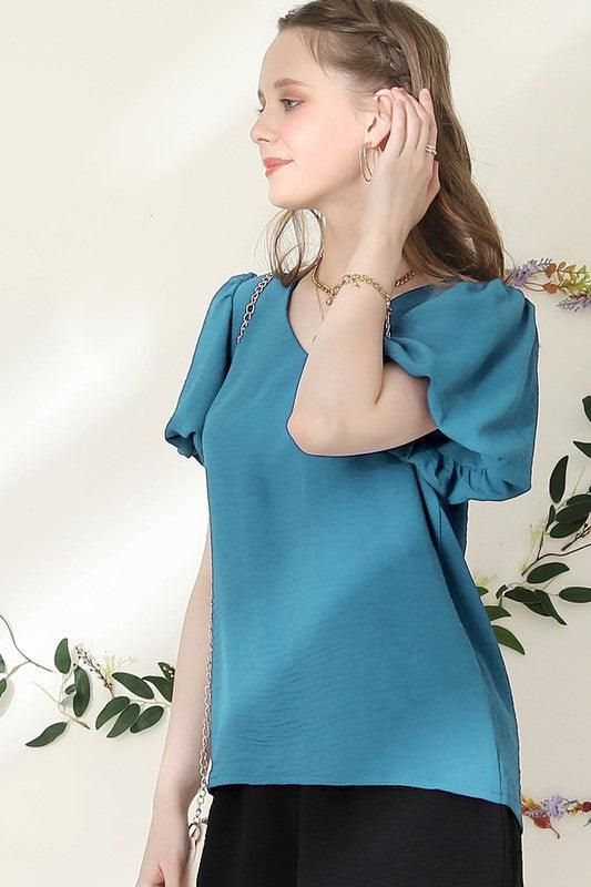 V NECK PUFF SHORT SLEEVE BLOUS FORMAL TUNIC TOP - Doublju
