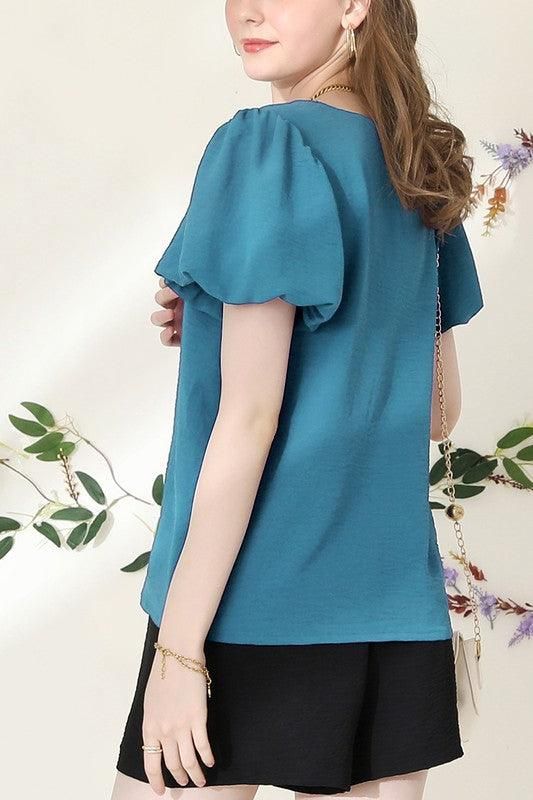 V NECK PUFF SHORT SLEEVE BLOUS FORMAL TUNIC TOP - Doublju