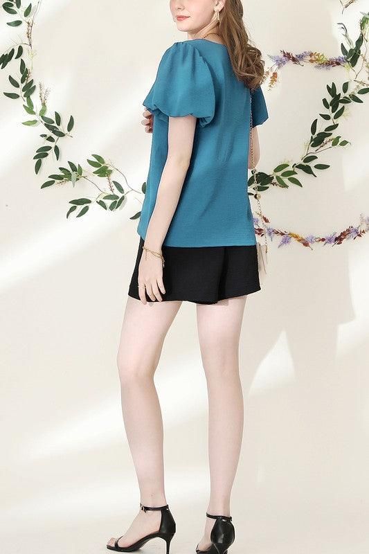 V NECK PUFF SHORT SLEEVE BLOUS FORMAL TUNIC TOP - Doublju