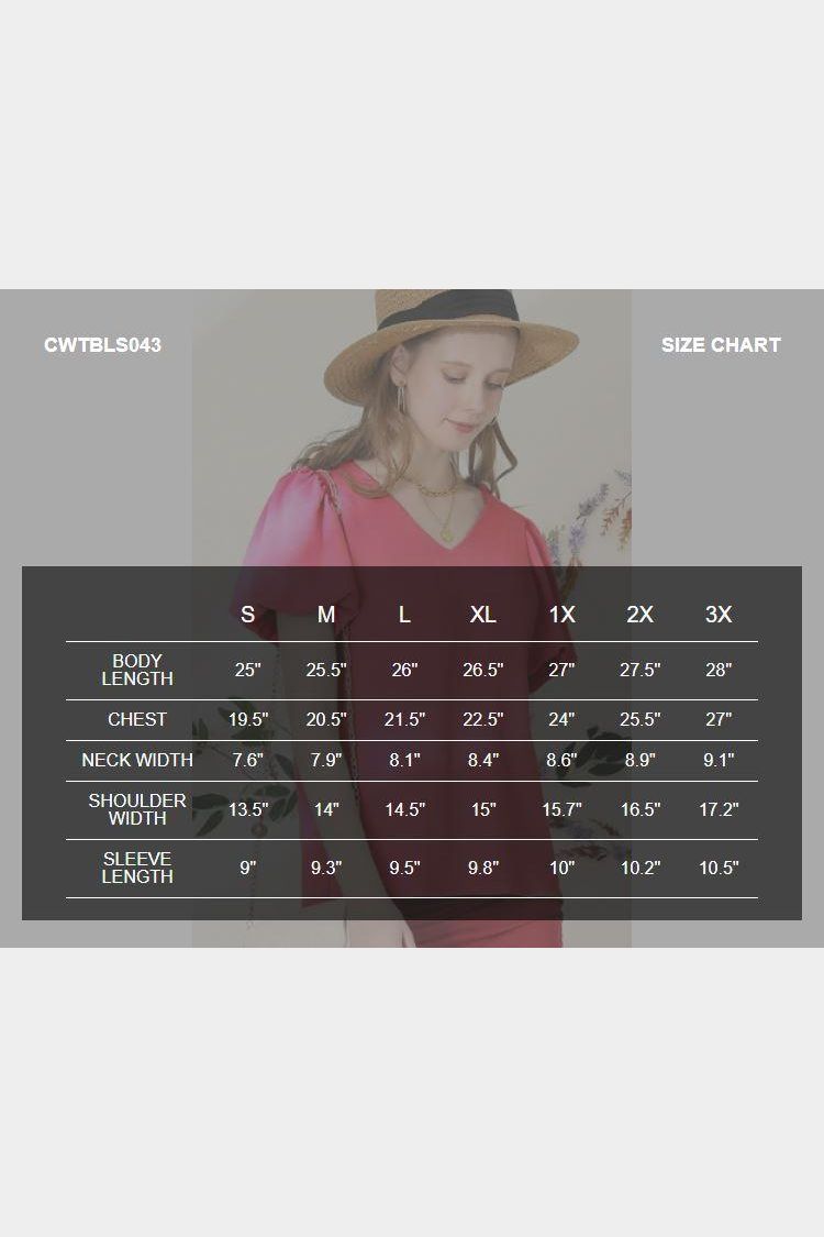 V NECK PUFF SHORT SLEEVE BLOUS FORMAL TUNIC TOP - Doublju