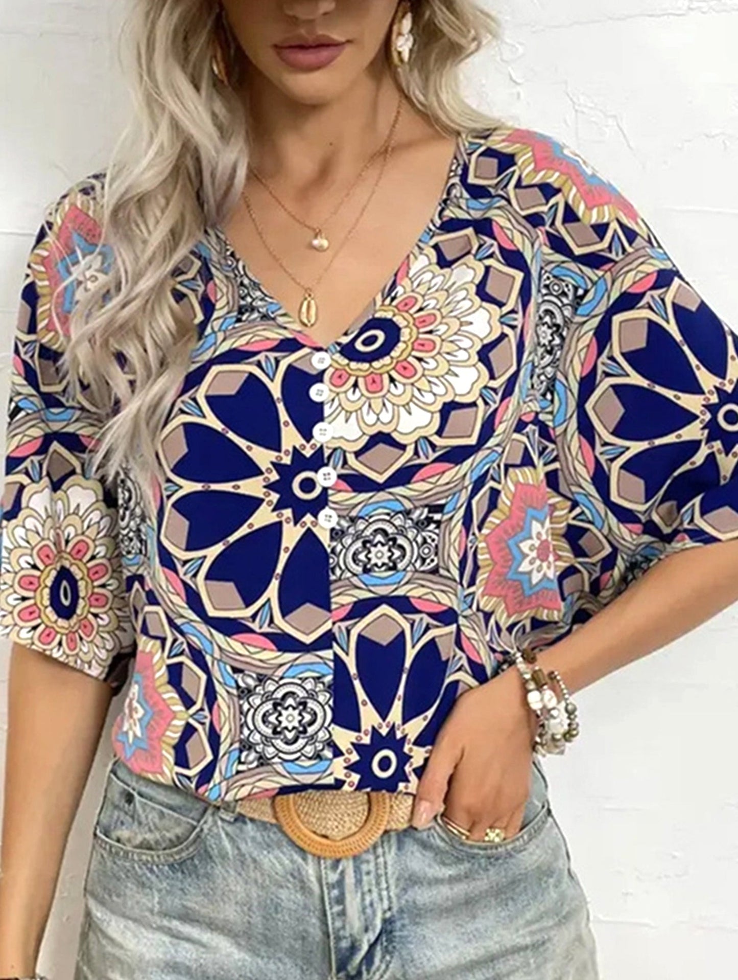 Bat-sleeve printed blouse
