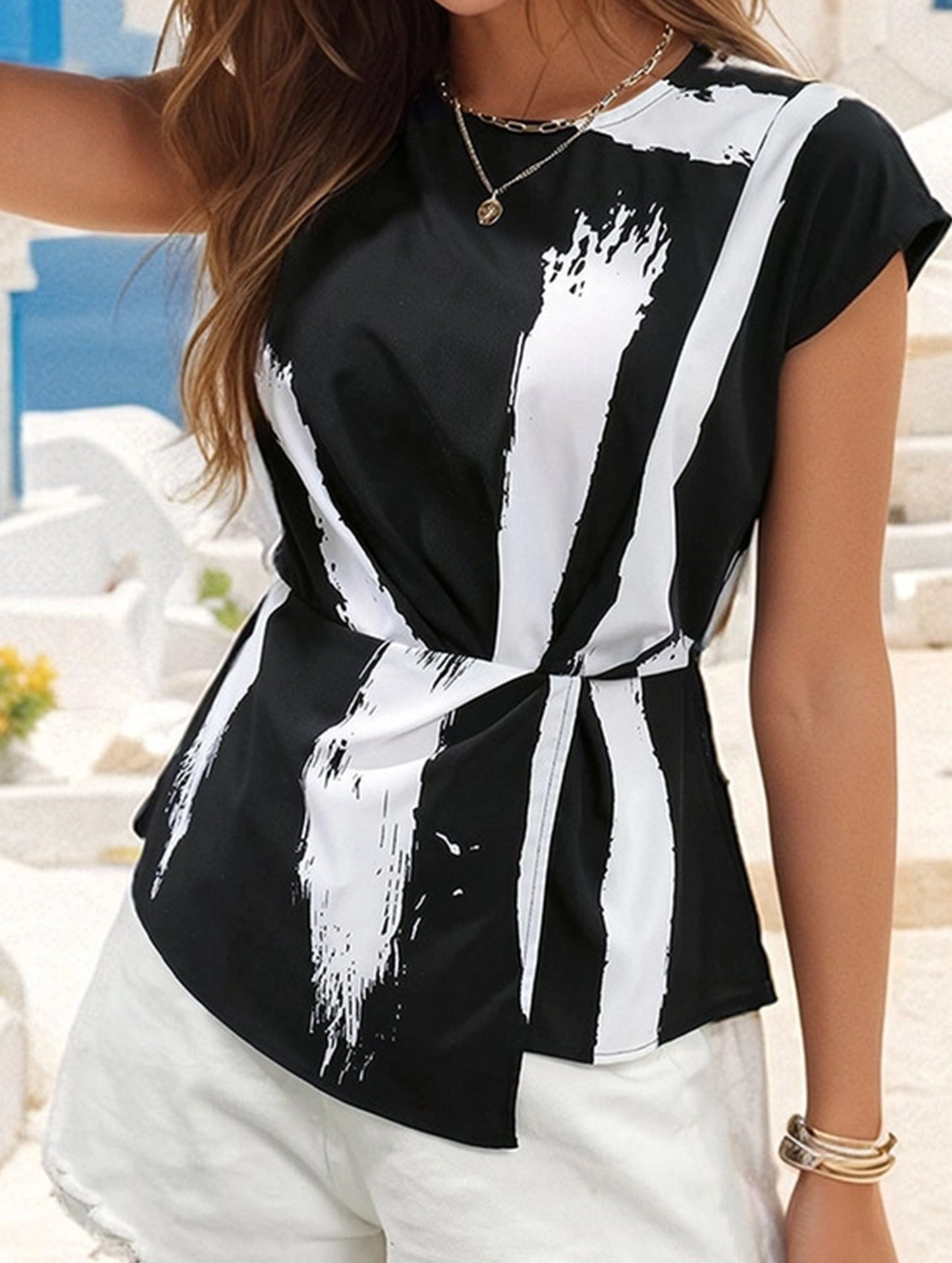 Stretch Waist Print Blouse ??Elegant Printed Pullover Top with Waist Shirring