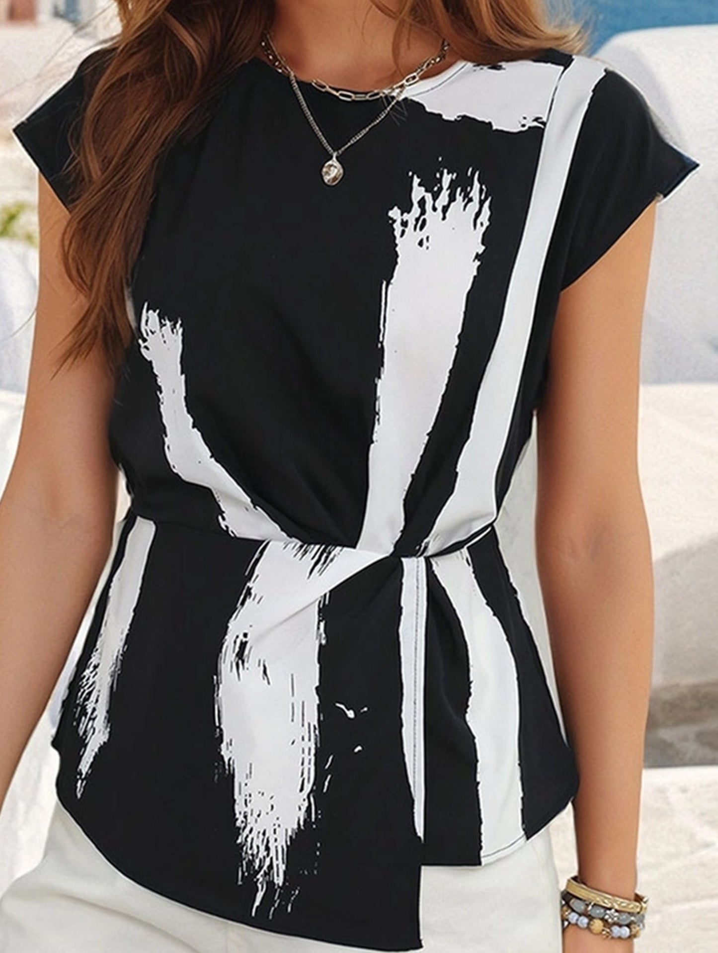 Stretch Waist Print Blouse ??Elegant Printed Pullover Top with Waist Shirring