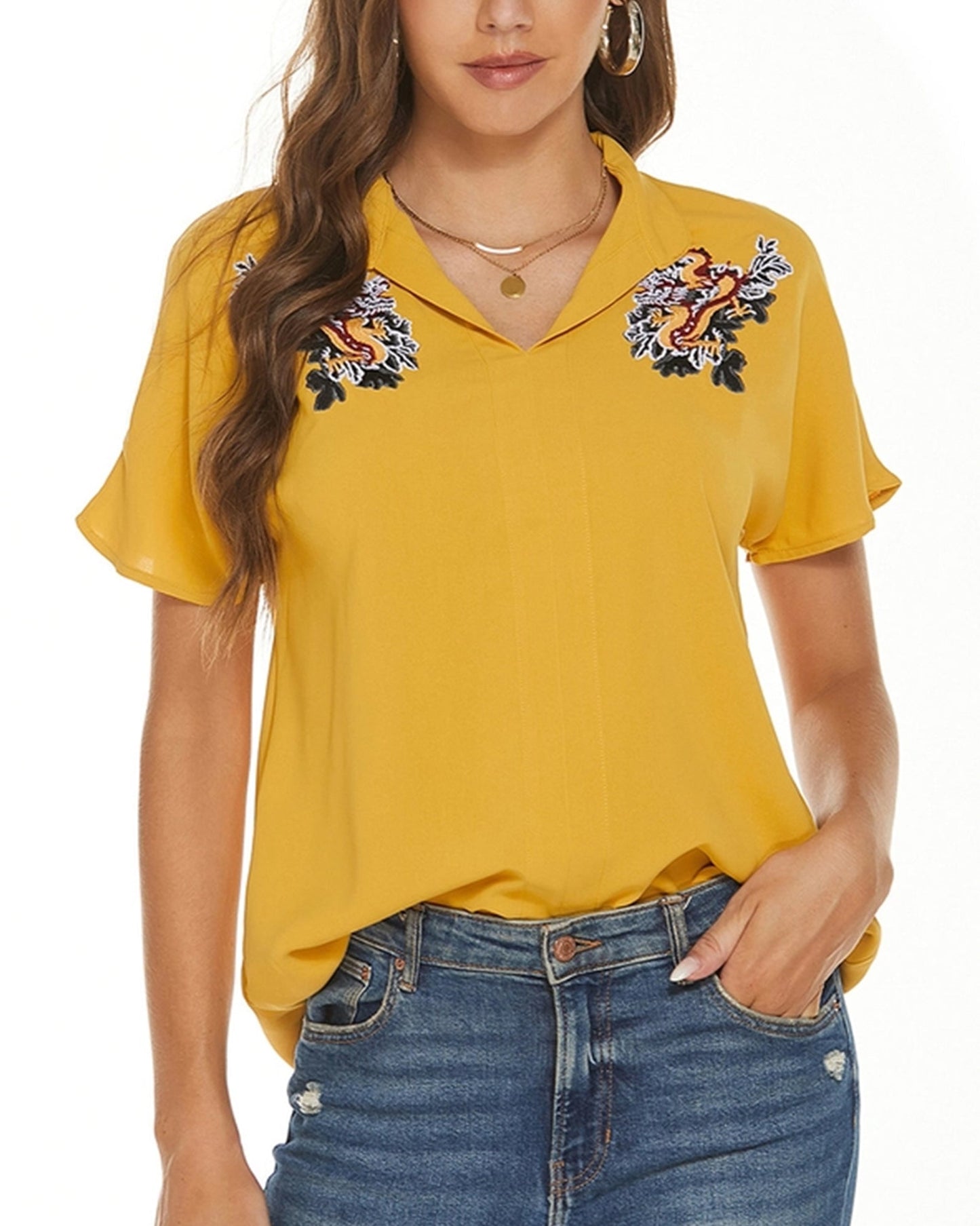 LAPEL LOOSE CHIFFON SHORT SLEEVE