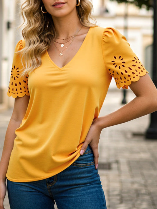 Solid Color V-neck Burnout Blouse ??Lightweight Semi-Sheer Top for Women