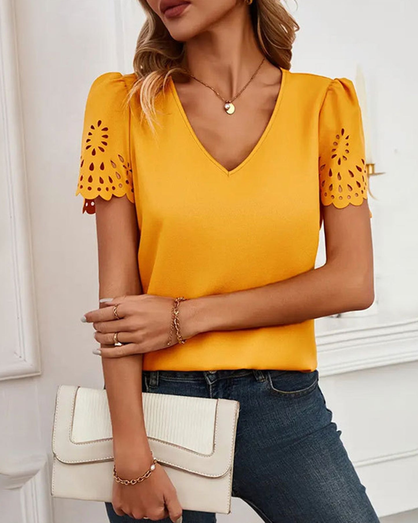 Solid Color V-neck Burnout Blouse ??Lightweight Semi-Sheer Top for Women