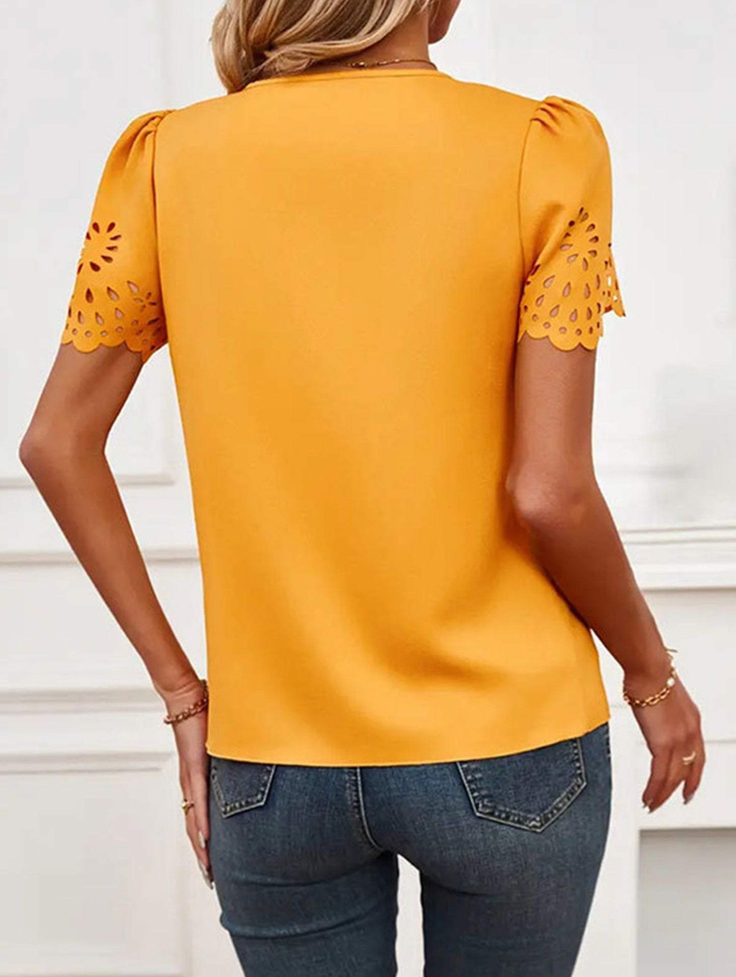 Solid Color V-neck Burnout Blouse ??Lightweight Semi-Sheer Top for Women