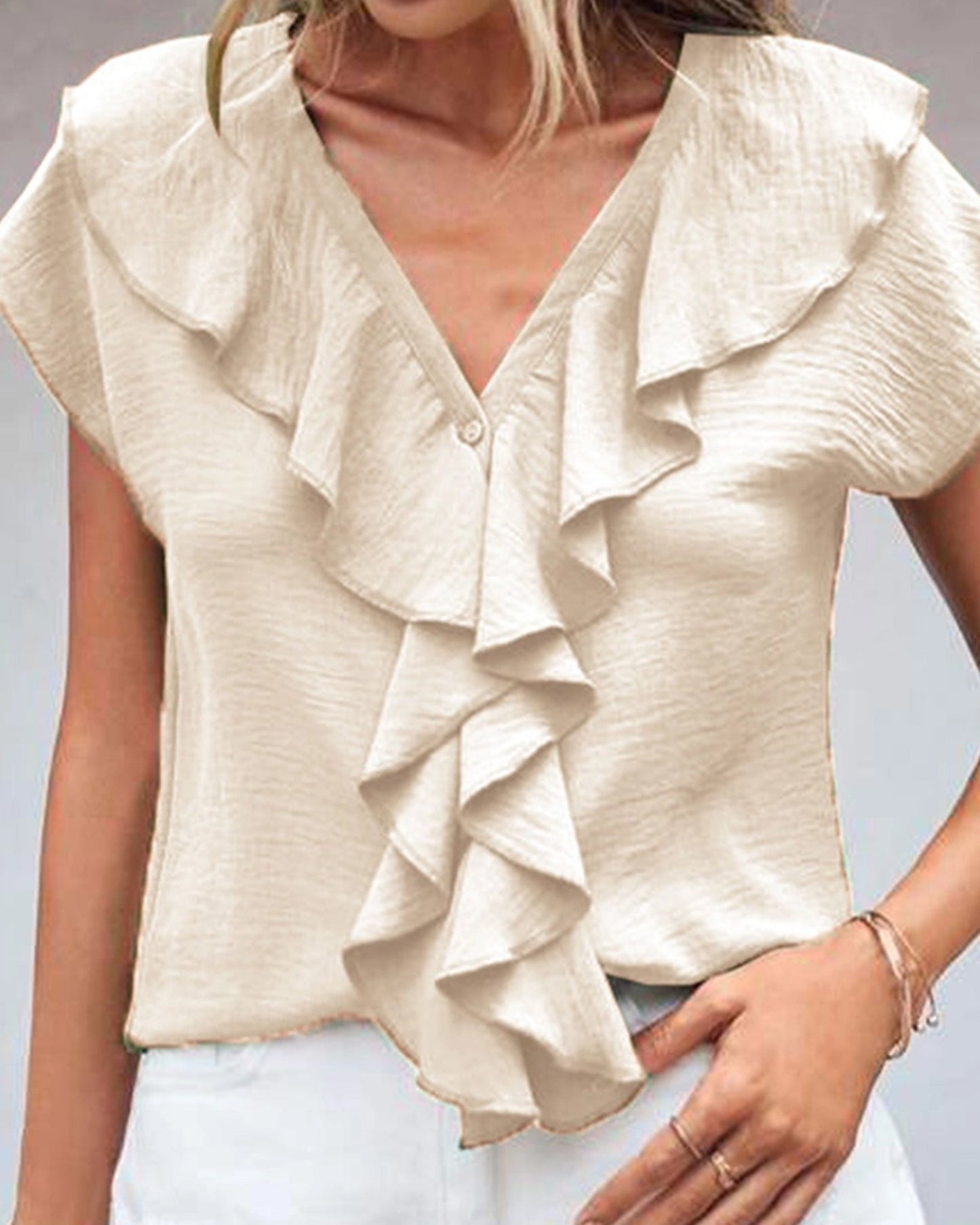V-Neck Ruffled Loose Casual Shirt ??Effortless Chic for Everyday Wear