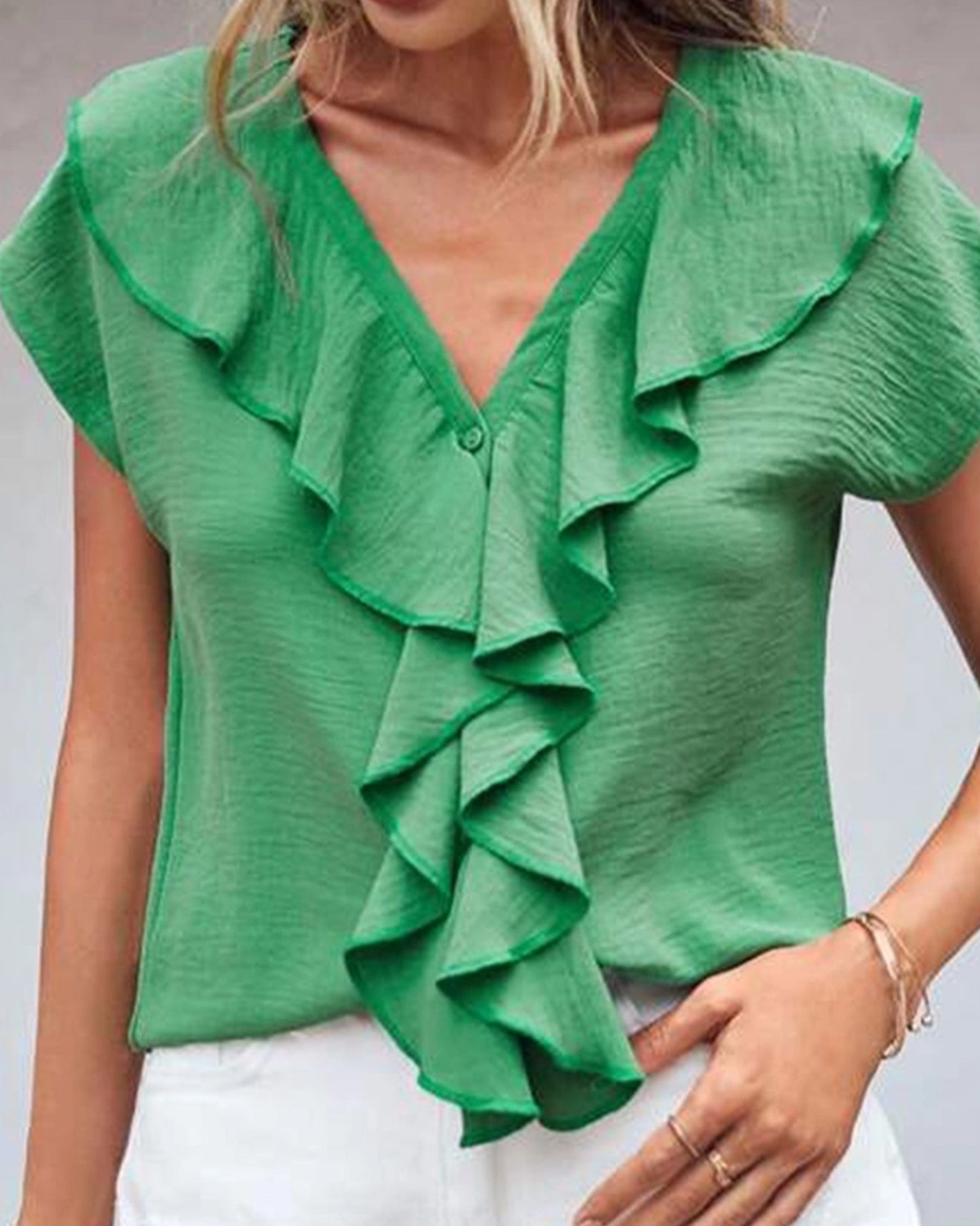 V-Neck Ruffled Loose Casual Shirt ??Effortless Chic for Everyday Wear
