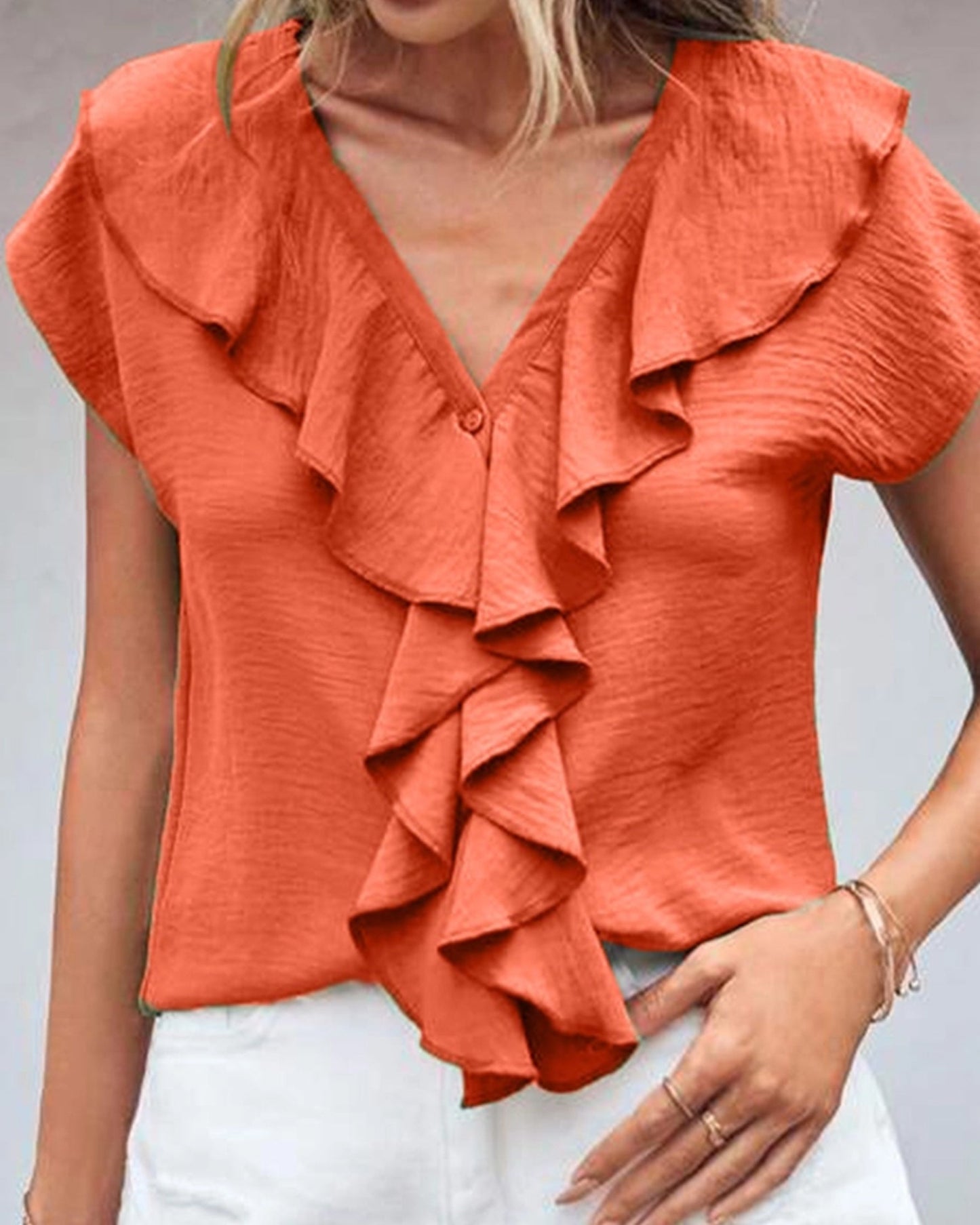 V-Neck Ruffled Loose Casual Shirt ??Effortless Chic for Everyday Wear