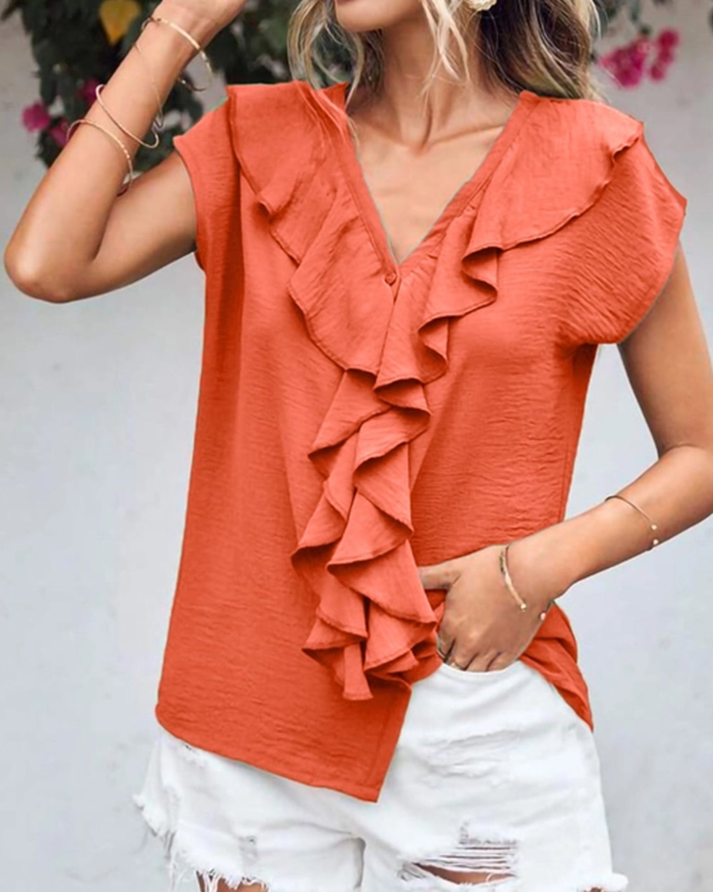V-Neck Ruffled Loose Casual Shirt ??Effortless Chic for Everyday Wear