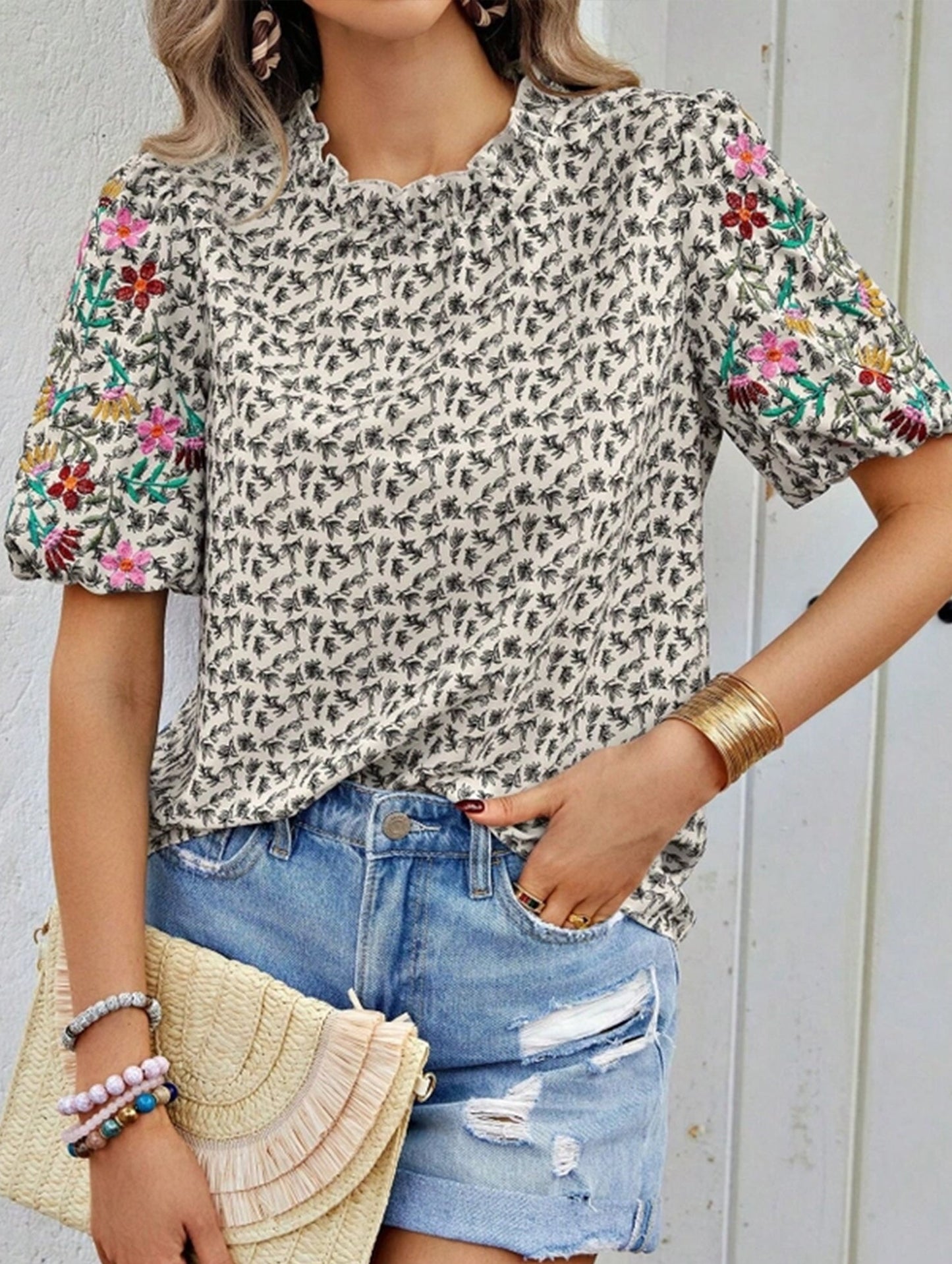 Embroidered Printed Turtleneck Blouse ??Boho Chic High Neck Long Sleeve Top